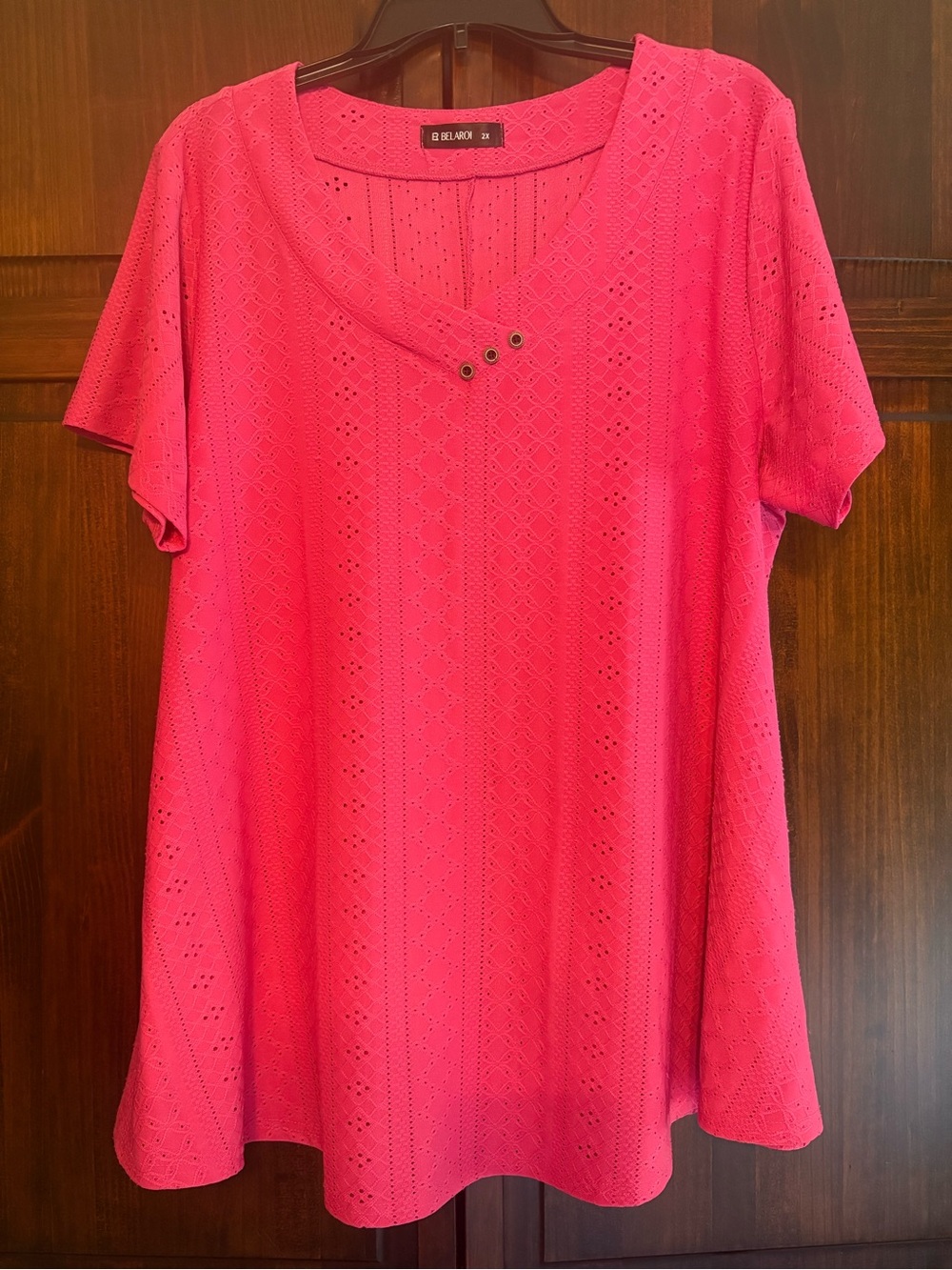 ADORA Women's Bright Pink Short Sleeve Eyelet Tee with Decorative Buttons